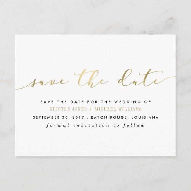 Chic Gold Calligraphy Save the Date Announcement Postcard (Front)