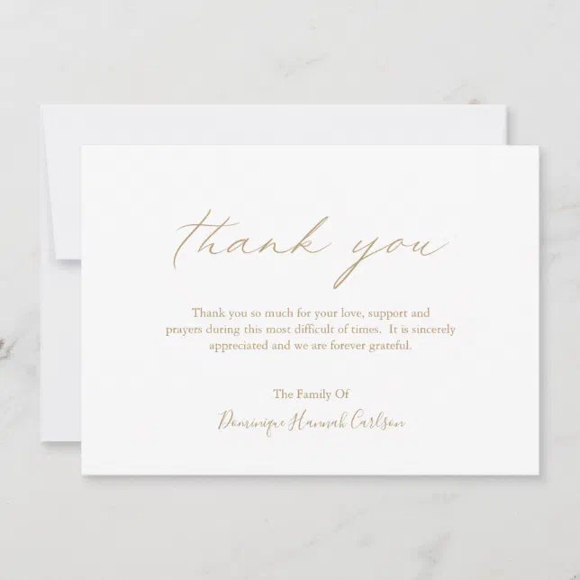 Chic Gold Calligraphy Simple Elegant Funeral Thank You Card | Zazzle