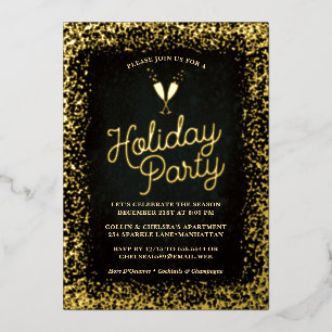 Chic Gold Champagne Glasses Holiday Party Foil Invitation