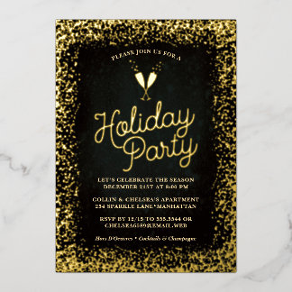 Chic Gold Champagne Glasses Holiday Party Foil Invitation