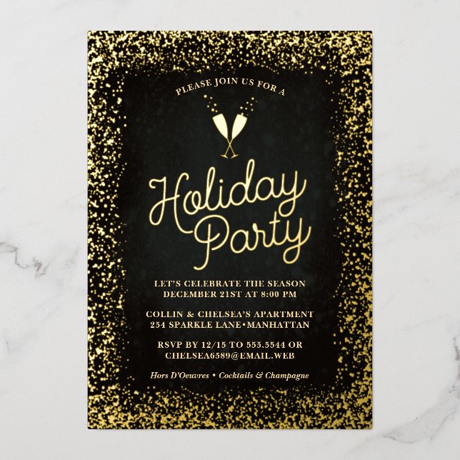 Chic Gold Champagne Glasses Holiday Party Foil Invitation (Front)
