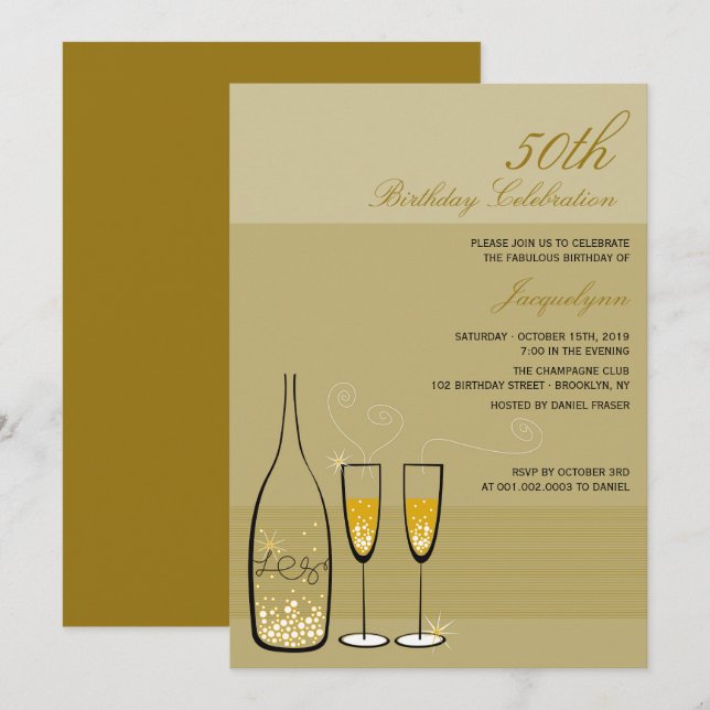 Chic Gold Champagne Milestone 50th Birthday Party Invitation (Front/Back)