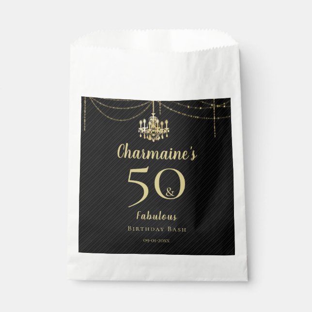 Chic Gold Chandelier 50 & Fabulous Black Birthday Favor Bag (Front)