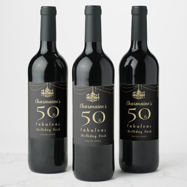 Chic Gold Chandelier 50 & Fabulous Black Birthday Wine Label (Bottles)