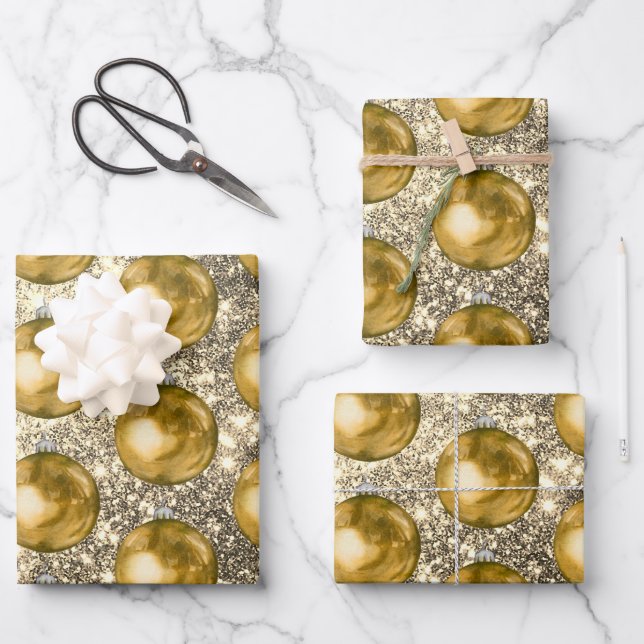 Chic Gold Christmas Balls Silver Sprakles Wrapping Paper Sheets (Front)