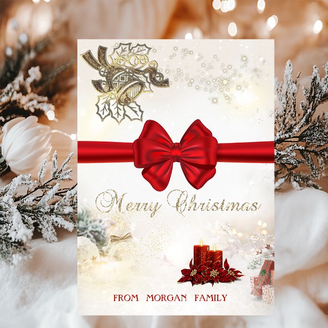 Chic Gold Christmas Bells,Candles,Red Bow Holiday Card (Creator Uploaded)