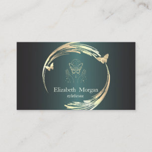 Chic Gold Circles Butterflies Dark Green Business Card