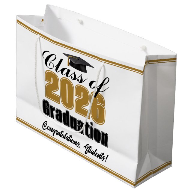 Chic Gold Class of 2026 Custom Graduation Party Large Gift Bag (Front Angled)