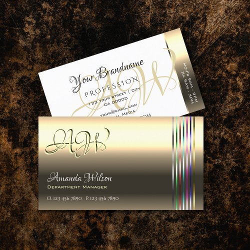 Chic Gold Colorful Stripes Monogram Opening Hours Business Card