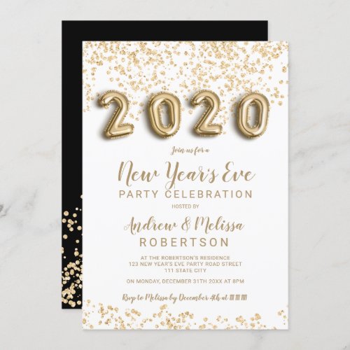 Chic gold confetti balloons 2020 New Years eve Invitation