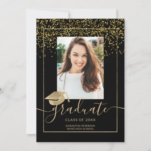 Chic gold confetti black typography graduation invitation | Zazzle