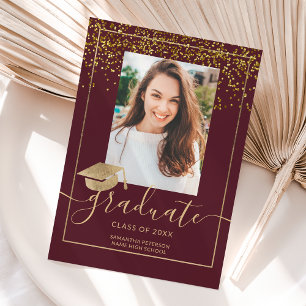 Chic gold confetti burgundy typography graduation invitation
