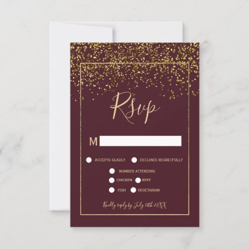 Chic gold confetti burgundy typography rsvp