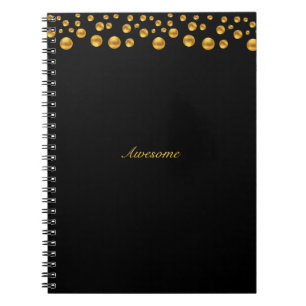 Chic Gold Confetti & Calligraphy on Black Notebook