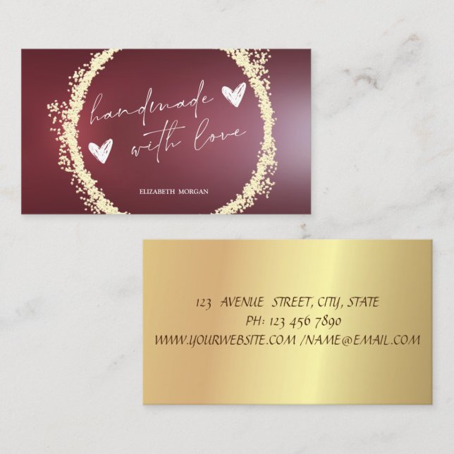 Chic Gold Confetti Circle Handmade Burgundy Business Card (Front/Back)