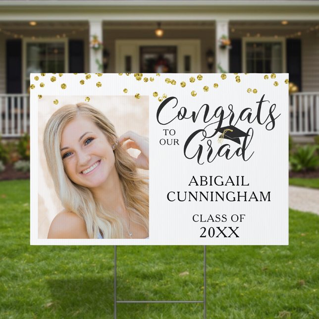 Chic Gold Confetti CONGRATS GRAD Script Photo Sign (Creator Uploaded)