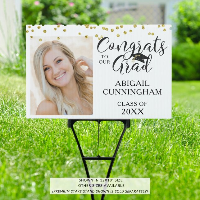 Chic Gold Confetti CONGRATS GRAD Script Photo Sign (Creator Uploaded)