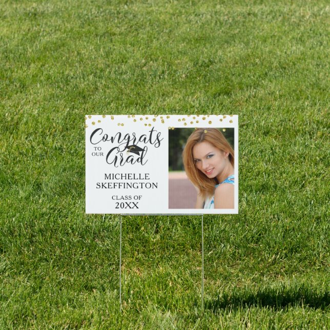 Chic Gold Confetti CONGRATS GRAD Script Photo Sign (Insitu)