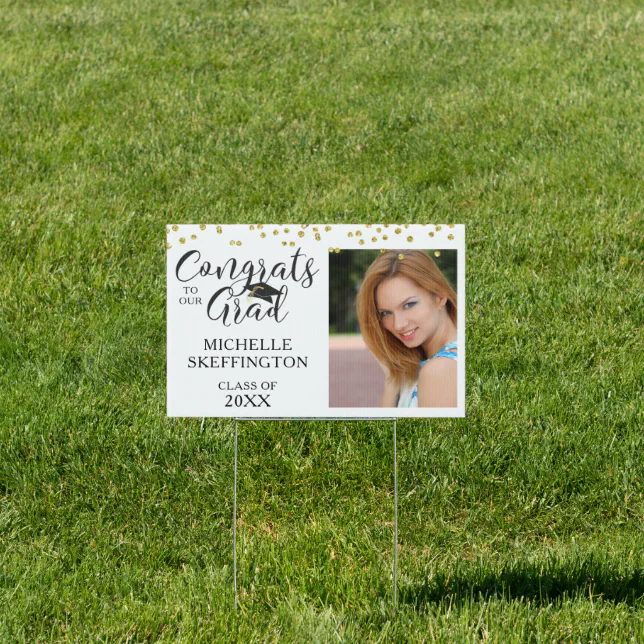 Chic Gold Confetti CONGRATS GRAD Script Photo Sign | Zazzle