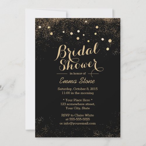 Chic Gold Confetti Dots Black Bridal Shower 5x7 Paper Invitation Card