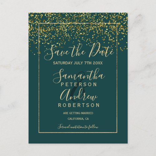 Chic gold confetti green script save the date announcement postcard