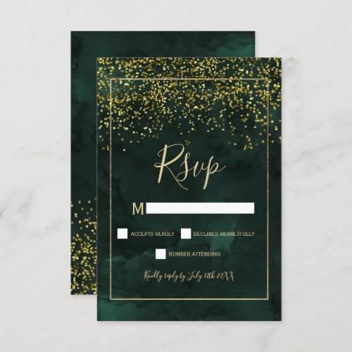 Chic gold confetti green typography rsvp