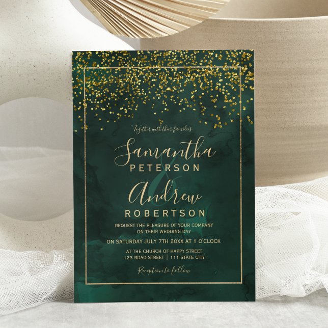 Chic gold confetti green typography wedding invitation