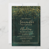 Chic gold confetti green typography wedding invitation (Front)