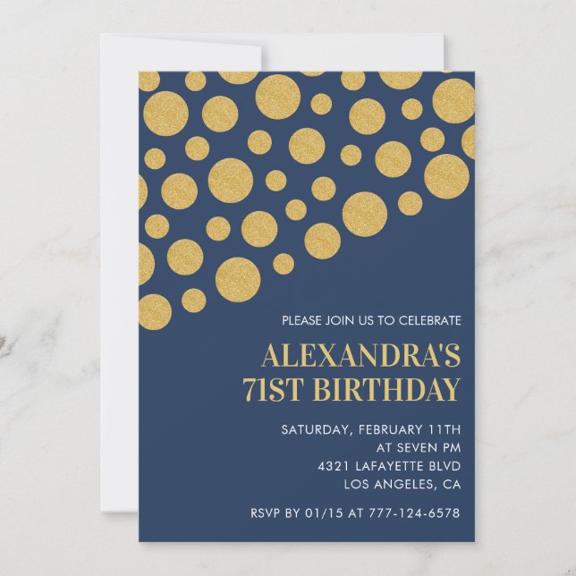 Chic Gold Confetti Navy Blue 71st birthday Invitation (Front)