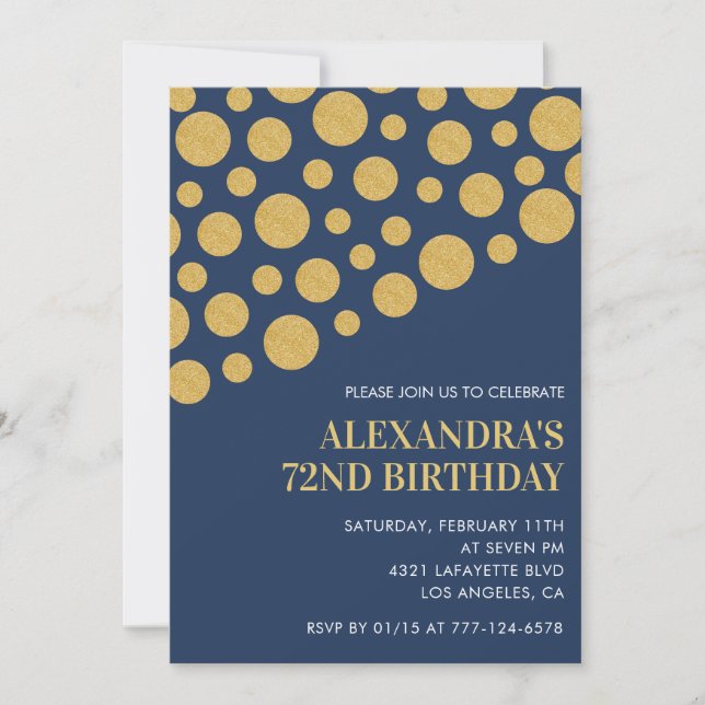 Chic Gold Confetti Navy Blue 72nd birthday Invitation (Front)