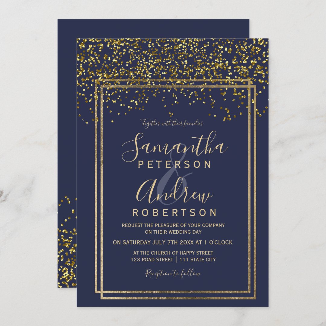 Chic gold confetti navy blue border wedding invitation | Zazzle