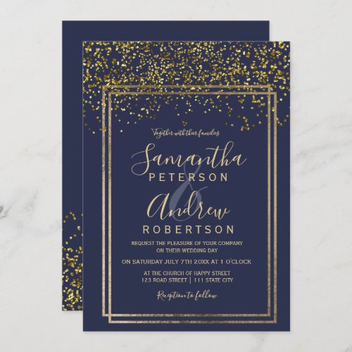 Chic gold confetti navy blue border wedding invitation