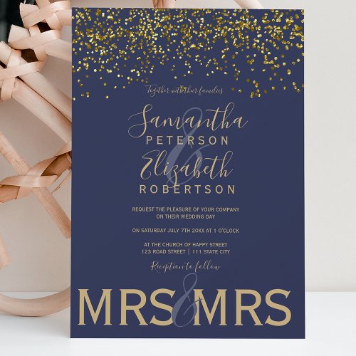 Chic gold confetti navy blue lesbian wedding invitation
