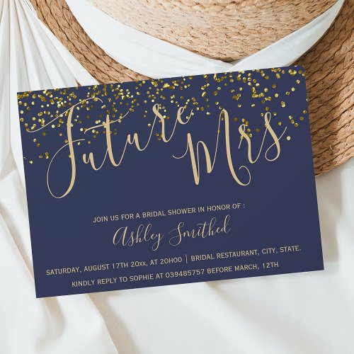 Chic gold confetti navy blue Mrs bridal shower Invitation