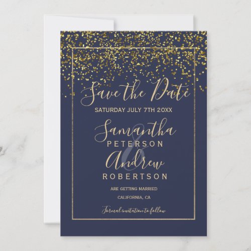 Chic gold confetti navy blue save the date wedding