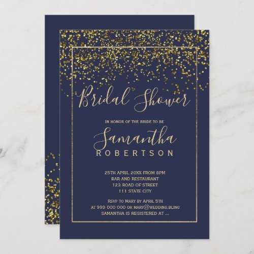 Chic gold confetti navy blue script bridal shower invitation