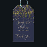 Chic gold confetti navy blue script wedding favor gift tags<br><div class="desc">Chic gold confetti navy blue typography thank you</div>