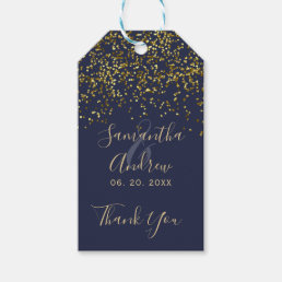 Chic gold confetti navy blue script wedding favor gift tags