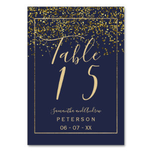 Chic gold confetti navy blue script wedding table number