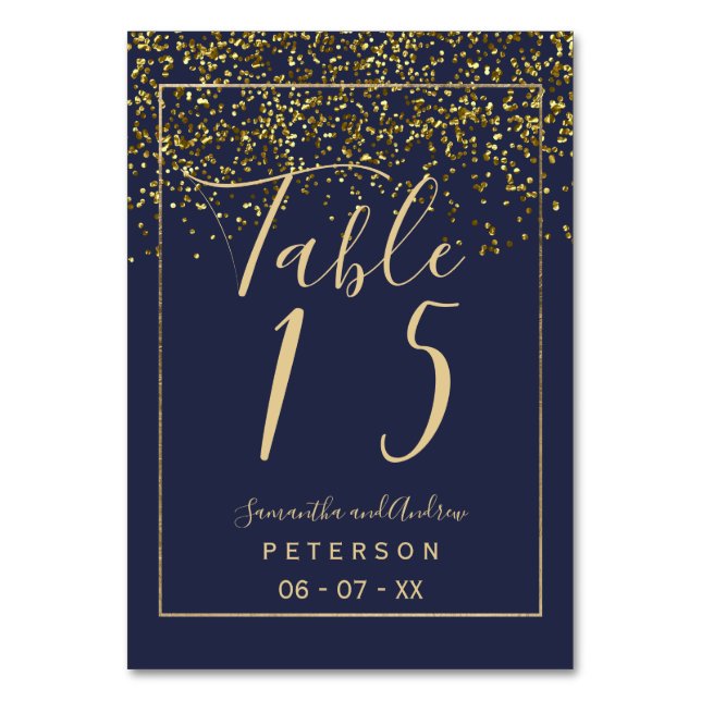 Chic gold confetti navy blue script wedding table table number (Front)