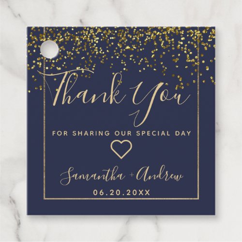 Chic gold confetti navy blue thank you wedding favor tags