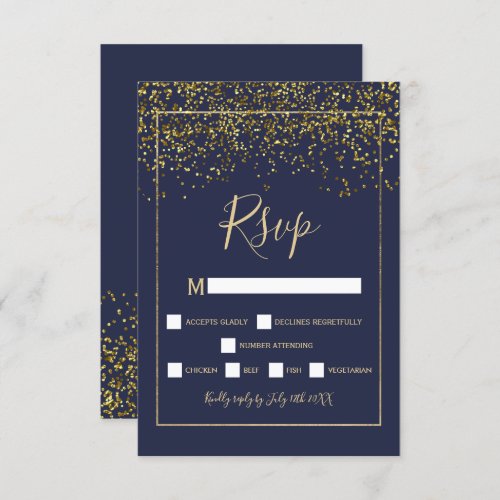 Chic gold confetti navy blue typography rsvp