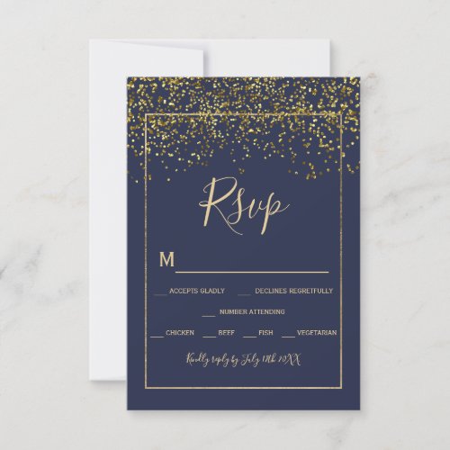 Chic gold confetti navy blue typography rsvp