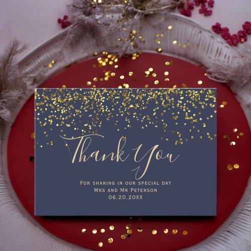 Chic gold confetti navy blue typography thank you card