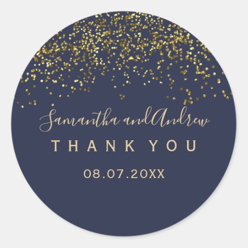 Chic gold confetti navy blue typography  Thank you Classic Round Sticker