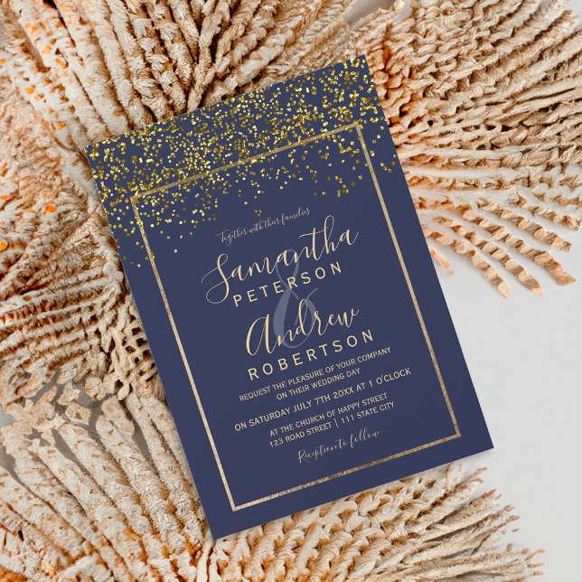 Chic gold confetti navy blue typography wedding invitation (Chic gold confetti navy blue typography wedding invitation)