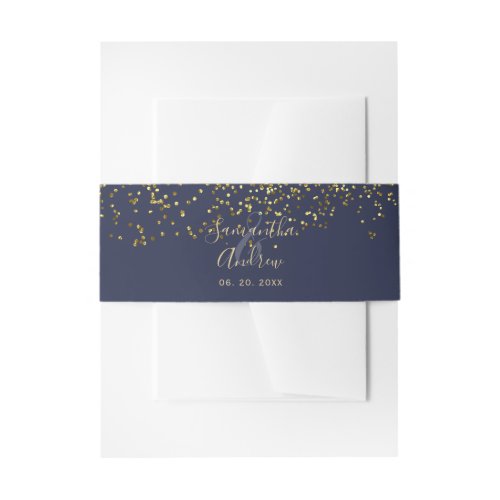 Chic gold confetti navy blue typography wedding invitation belly band