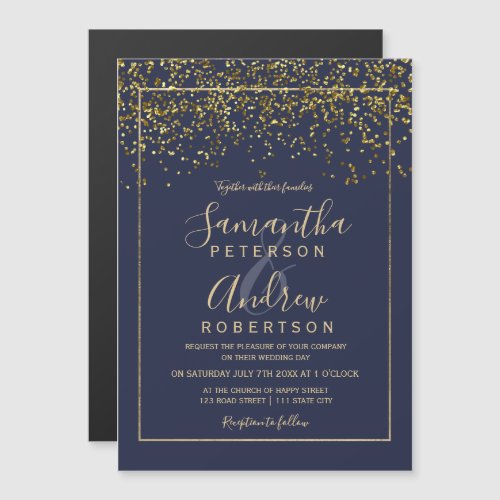 Chic gold confetti navy blue typography wedding magnetic invitation