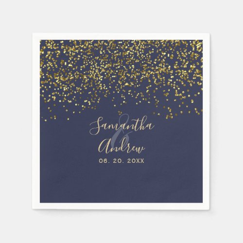 Chic gold confetti navy blue typography wedding napkins