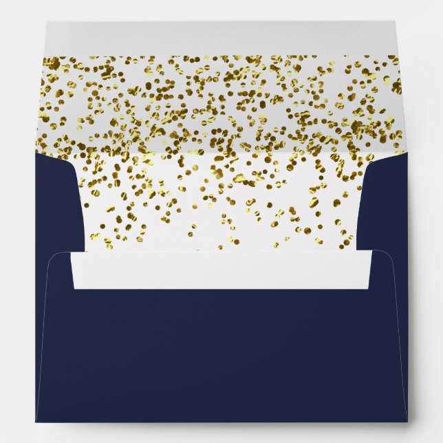Chic gold confetti navy blue wedding address envelope (Back (Bottom))